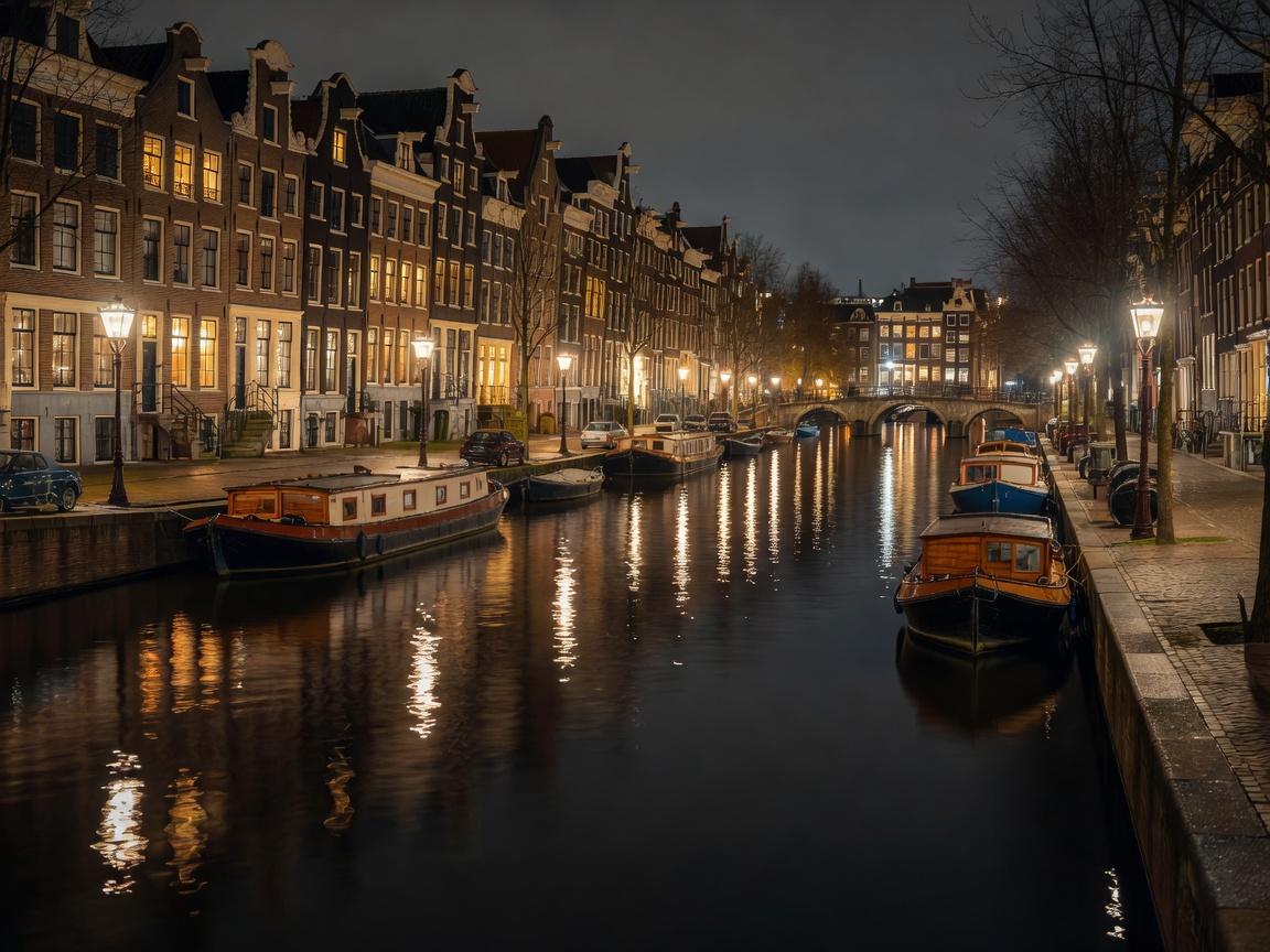 Amsterdam illuminated canal and reflections at night