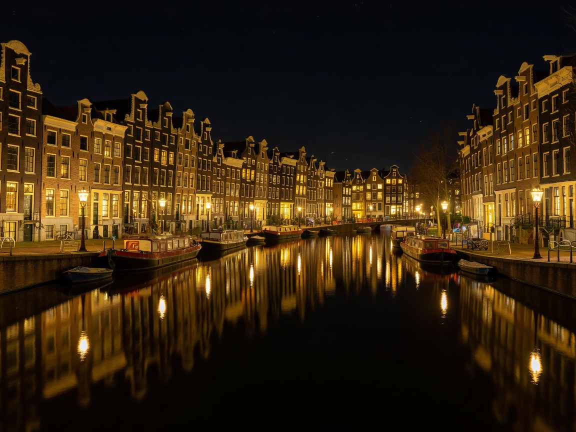 Amsterdam illuminated canal ring at night with reflections on the water