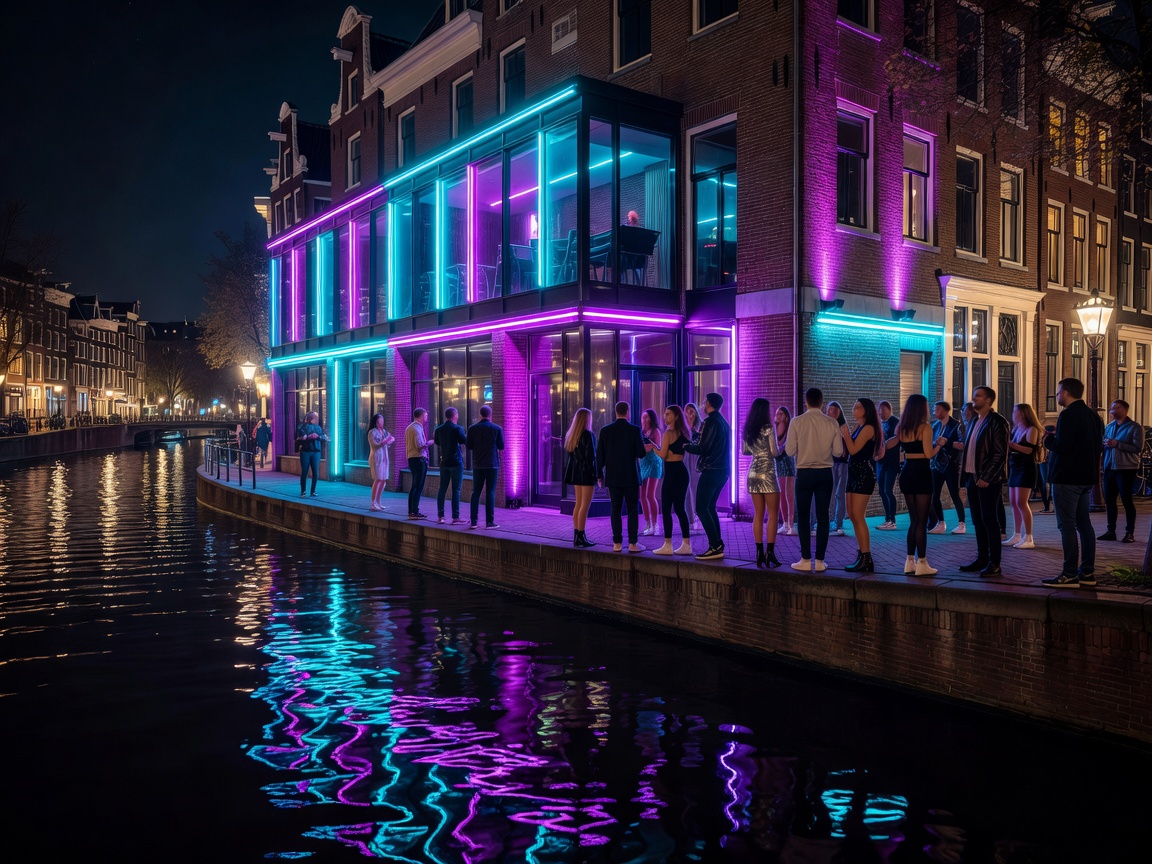 Amsterdam nightlife exterior illuminated club venue near water