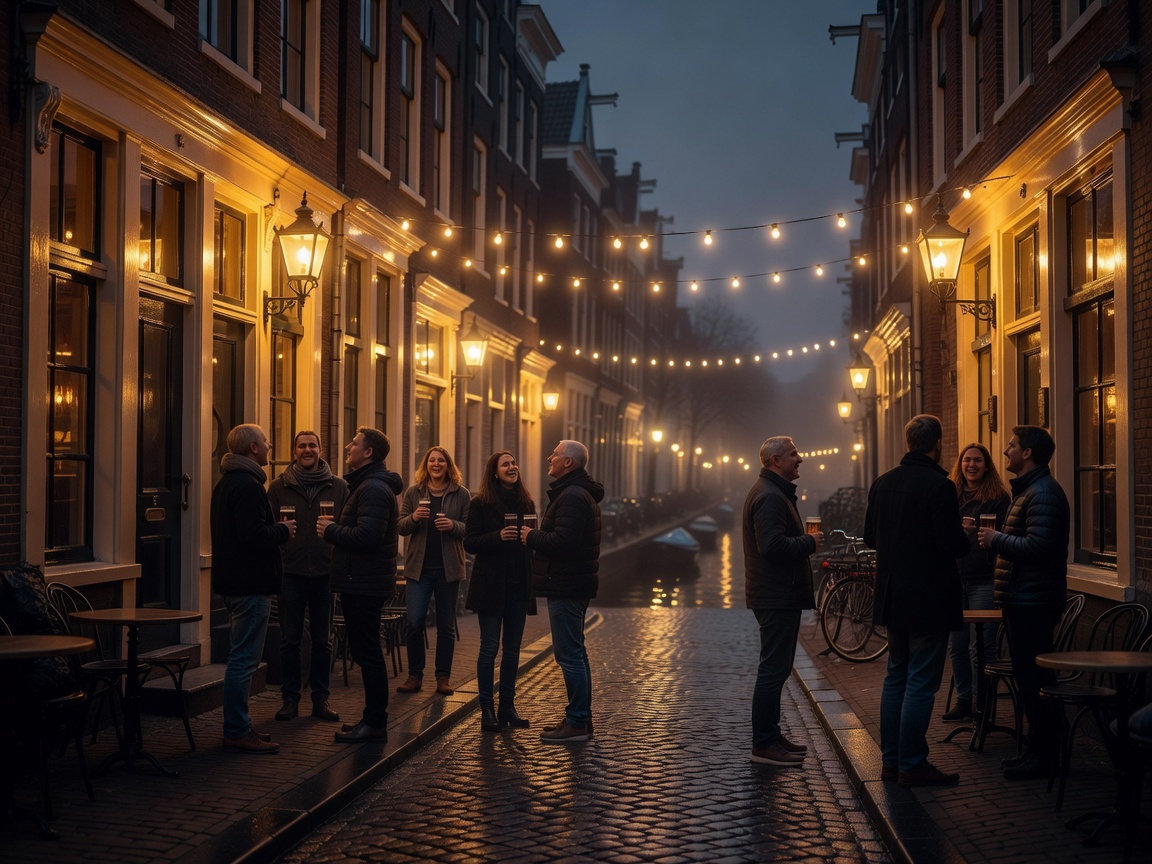 Amsterdam nightlife street atmosphere with warm pub lights