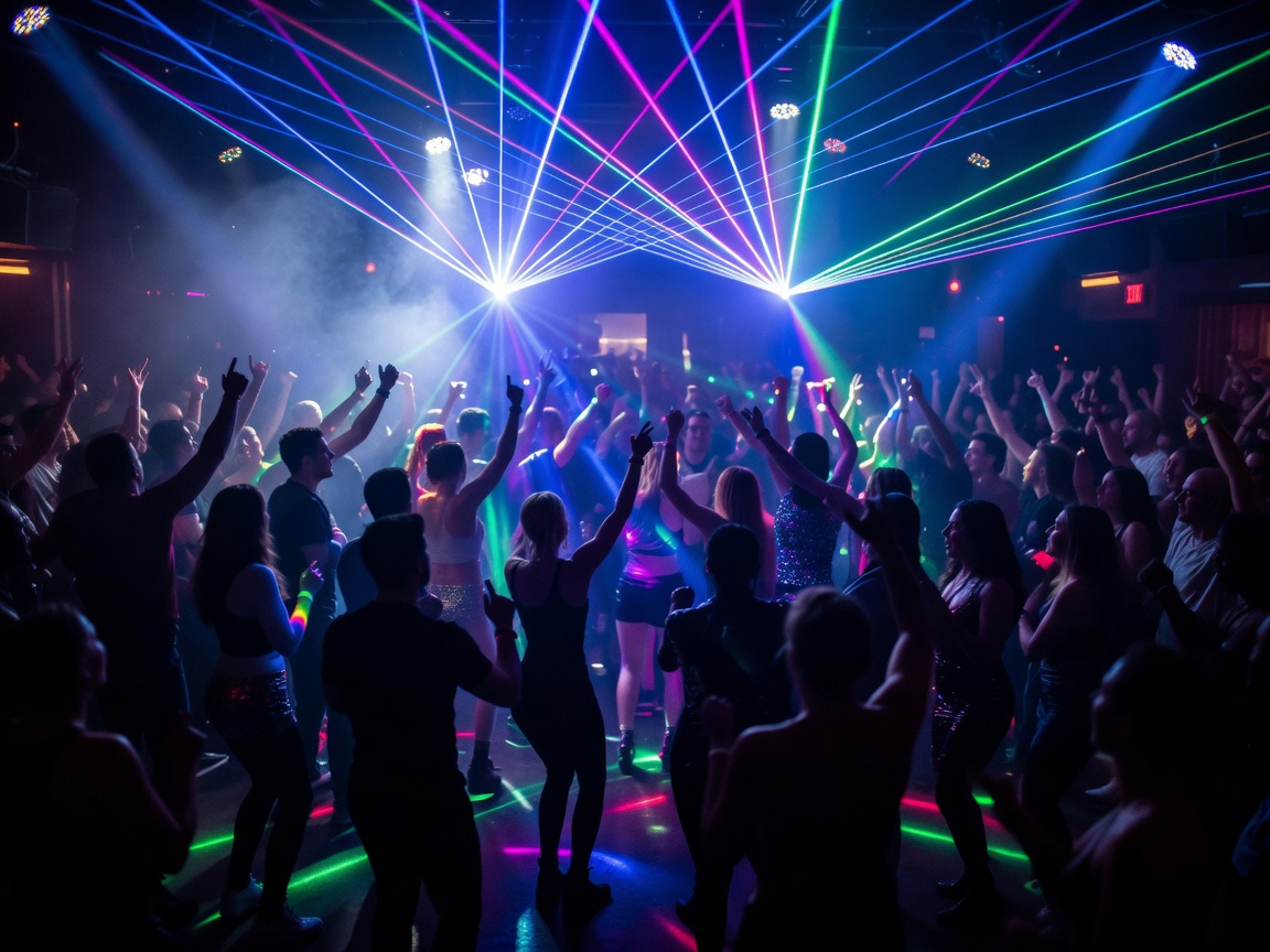 Club lighting atmosphere with laser beams and energetic crowd