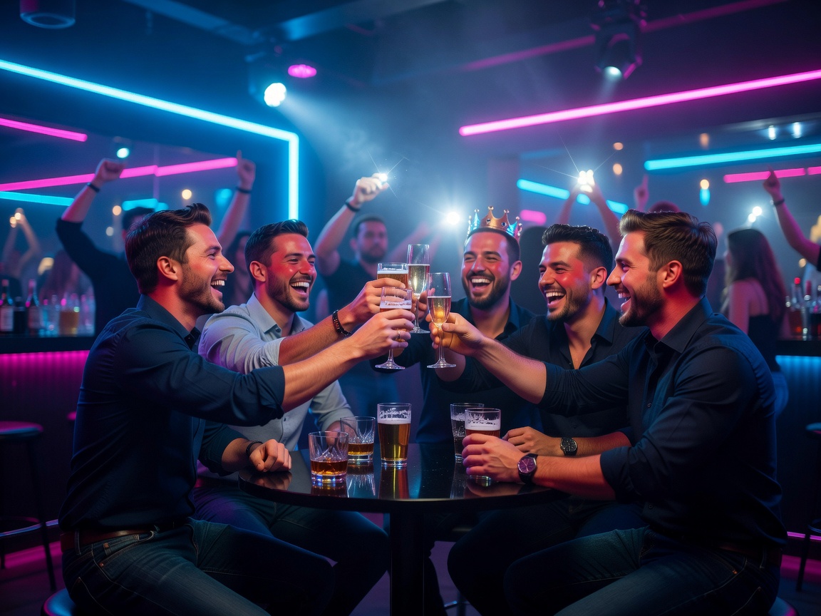 Friends celebrating bachelor party with toast in night venue
