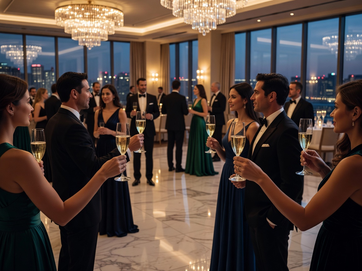 High-end corporate evening event with champagne glasses and luxury atmosphere