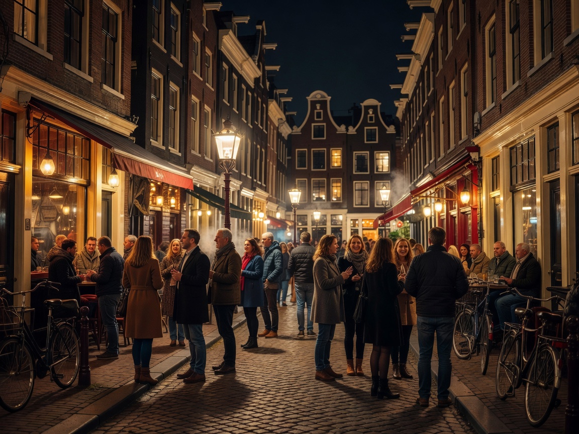 Lively nighttime Amsterdam neighborhood with warm street lighting and bars