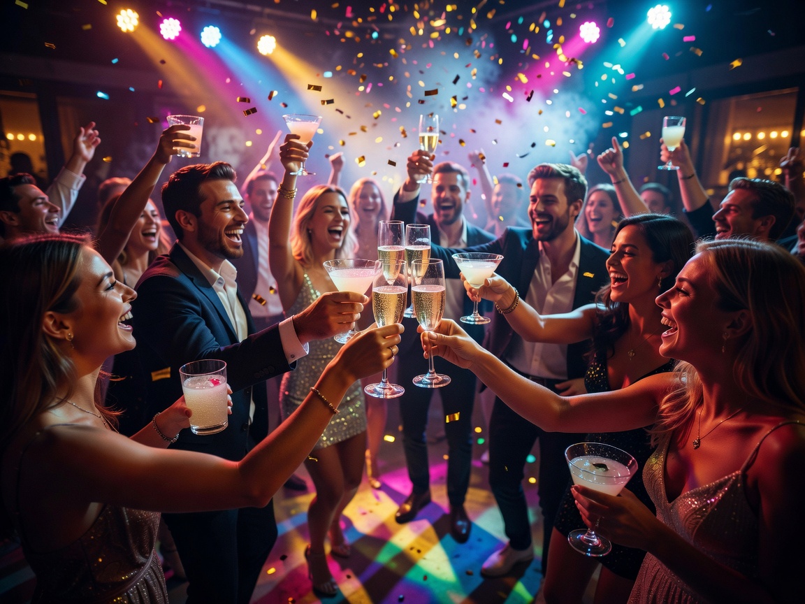 Night celebration with celebratory drinks and party energy